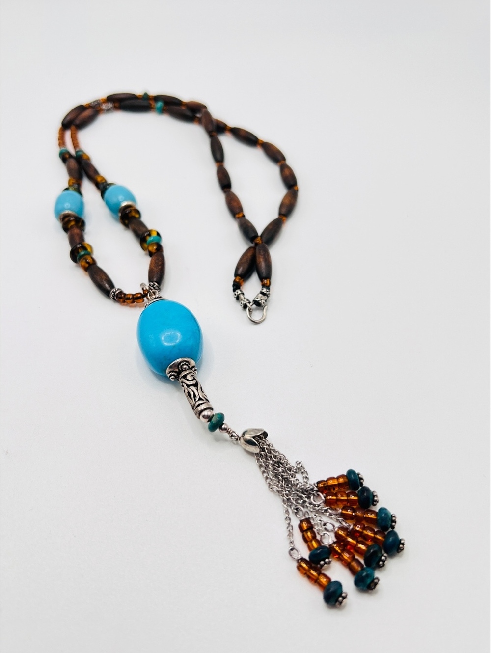 925 Sterling Silver Turquoise Wood Beaded Tassel Necklace
